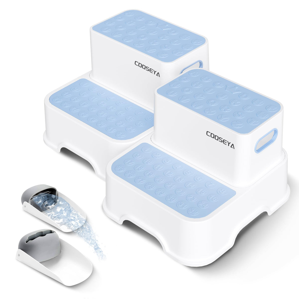 COOSEYA 2-step stool blue front view shows no-slip stepping surface for safer climbs.