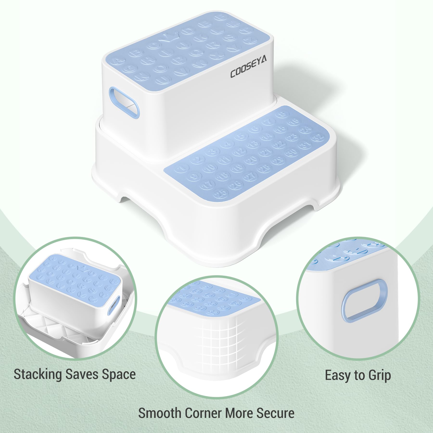 COOSEYA 2-step stool blue side view highlights sturdy double-layer height for reach.