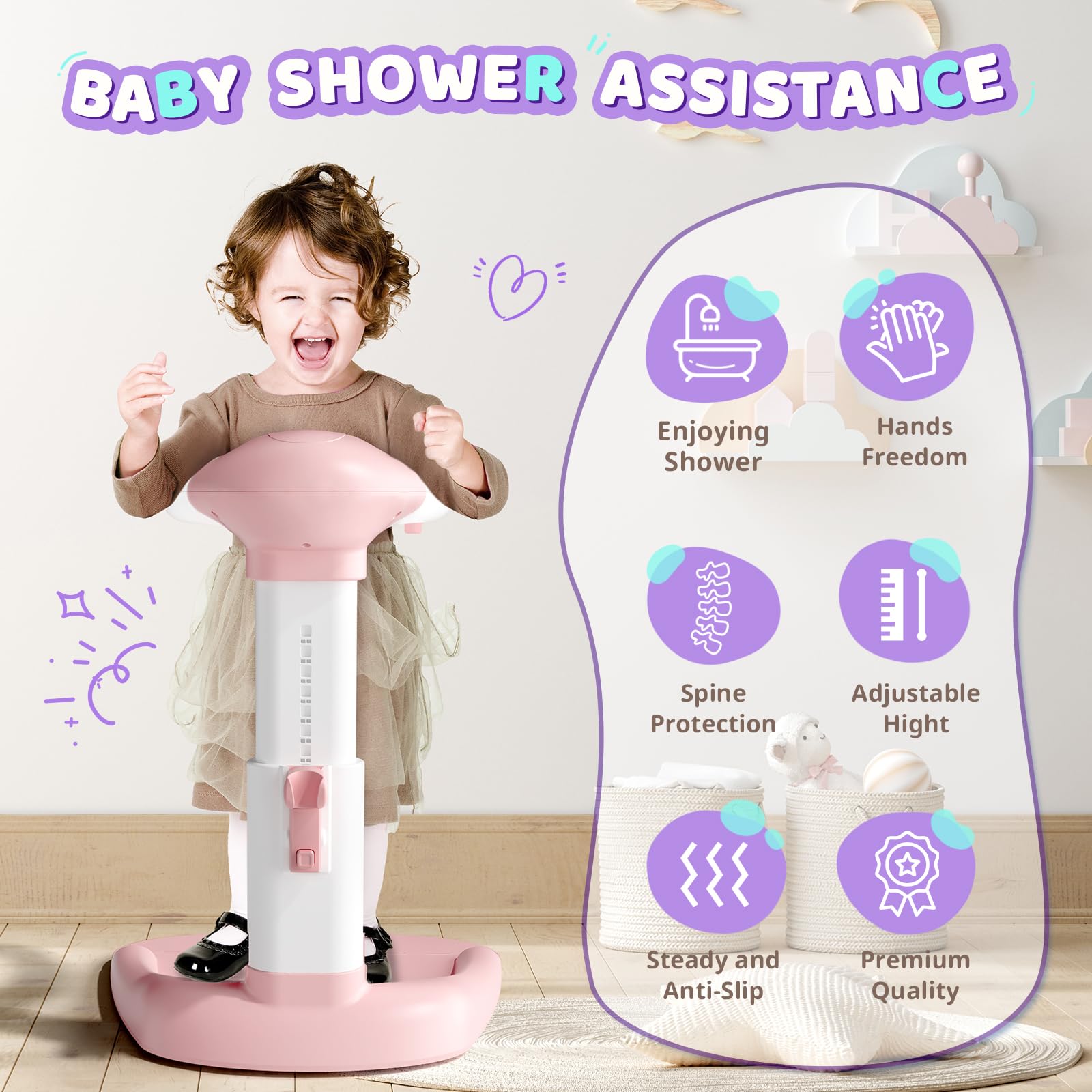 COOSEYA Baby Shower Stand easy-clean storage keeps bathroom neat after baths.