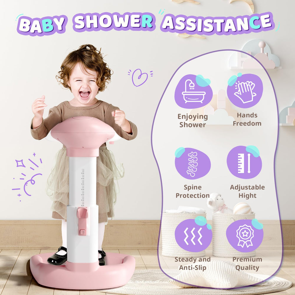 COOSEYA Baby Shower Stand easy-clean storage keeps bathroom neat after baths.