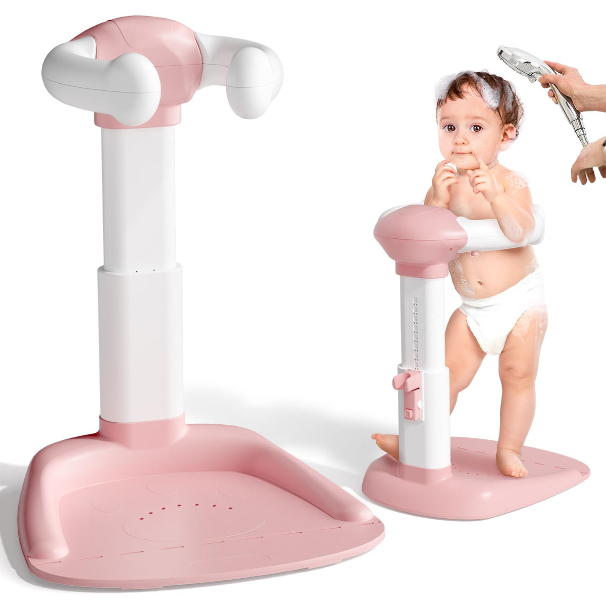 COOSEYA Baby Shower Stand ergonomic backrest supports healthy toddler posture during baths.