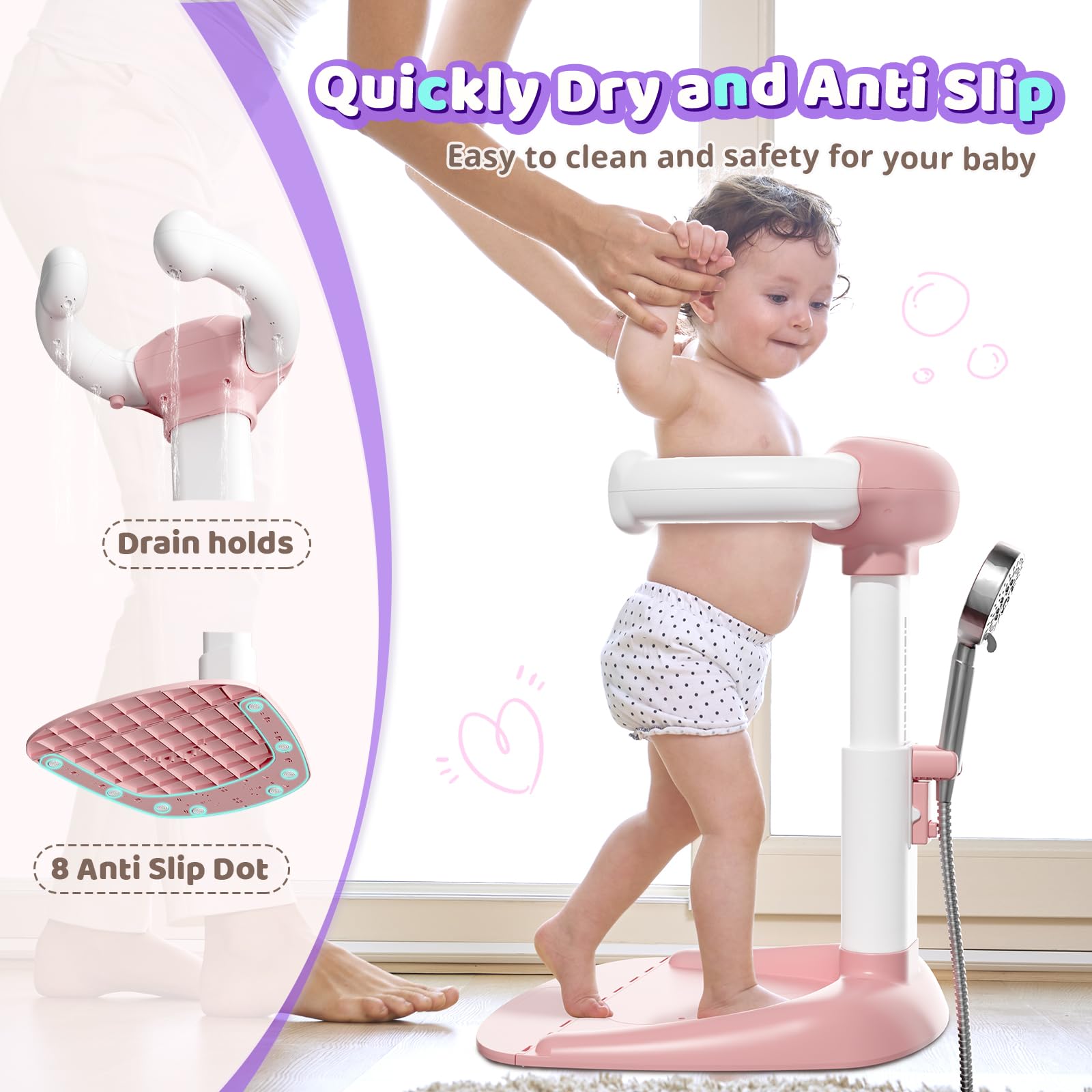 COOSEYA Baby Shower Stand non-slip pads ensure secure standing during diaper changes.