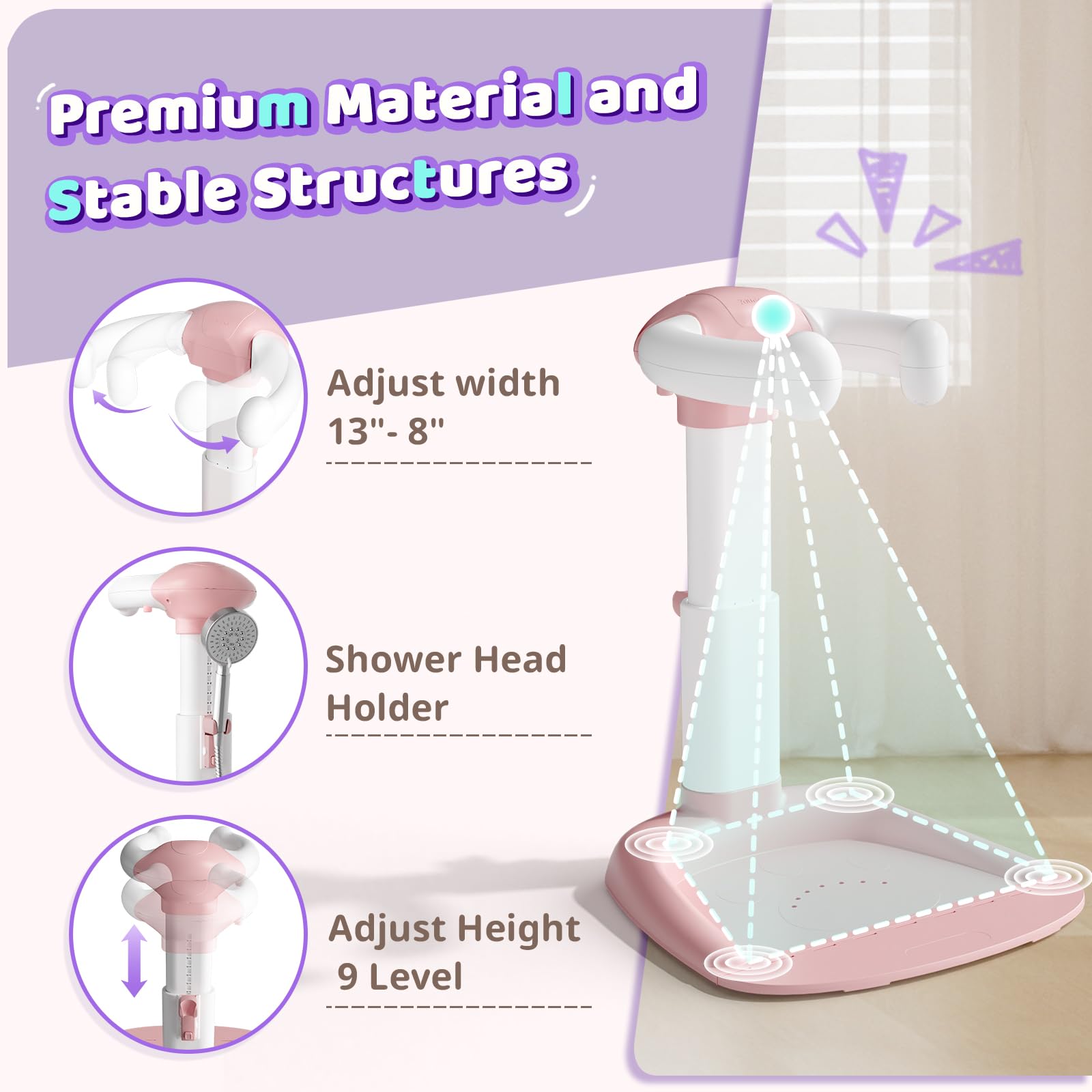 COOSEYA Baby Shower Stand stable triangular base prevents slips for confident bath time.