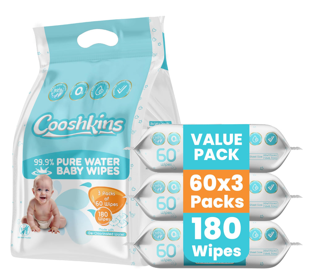 COOSHKINS dechlorinated water wipes pack closeup shows pure, gentle cleansing for sensitive skin.