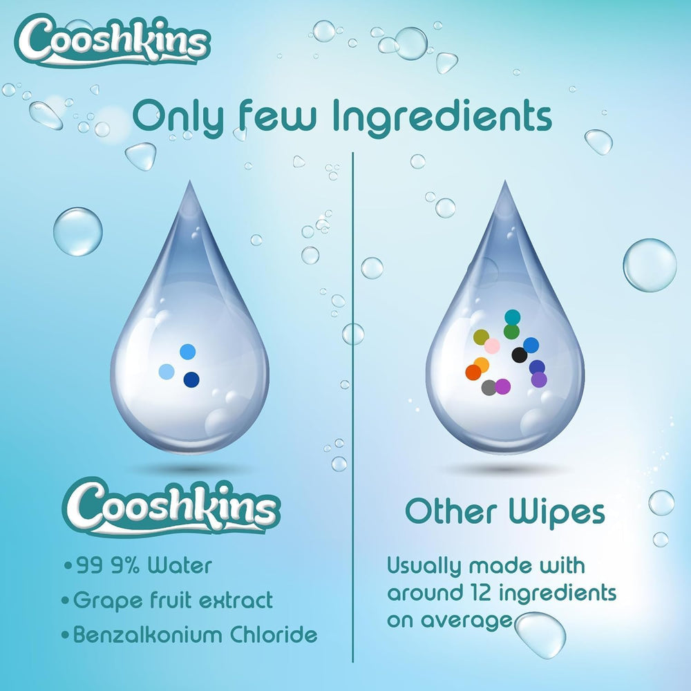 COOSHKINS newborn-safe unscented wipes in-use image underscores alcohol-free formulation.