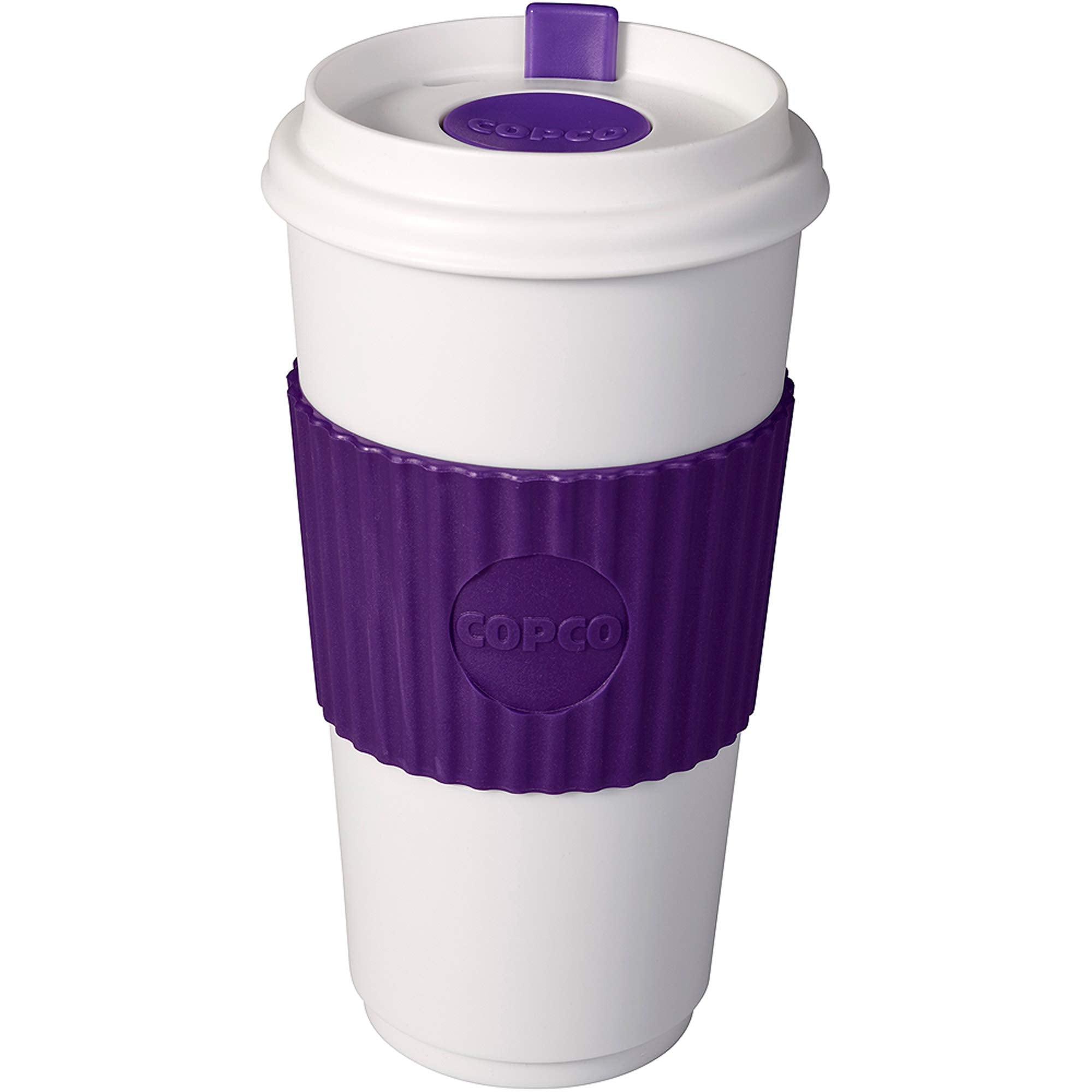 Copco To Go 16oz tumbler with purple grip, BPA-free, ideal for on-the-go coffee.
