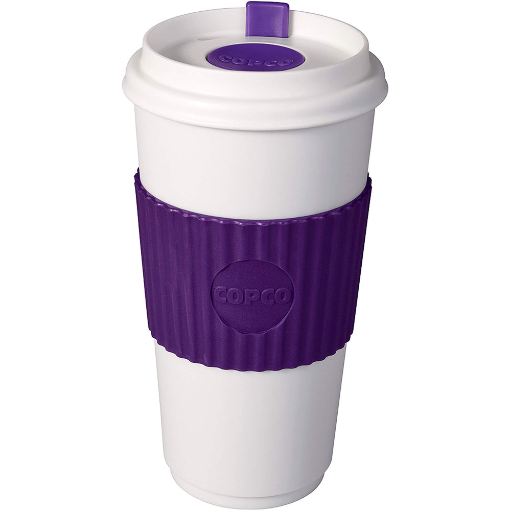 Copco To Go 16oz tumbler with purple grip, BPA-free, ideal for on-the-go coffee.