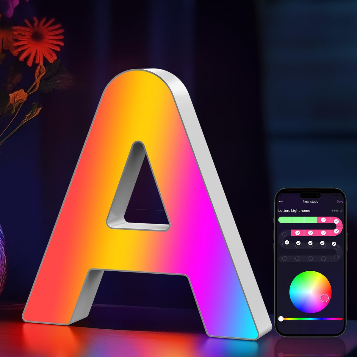 Coplsdors letras LED sincronizadas con música para fiestas y eventos.