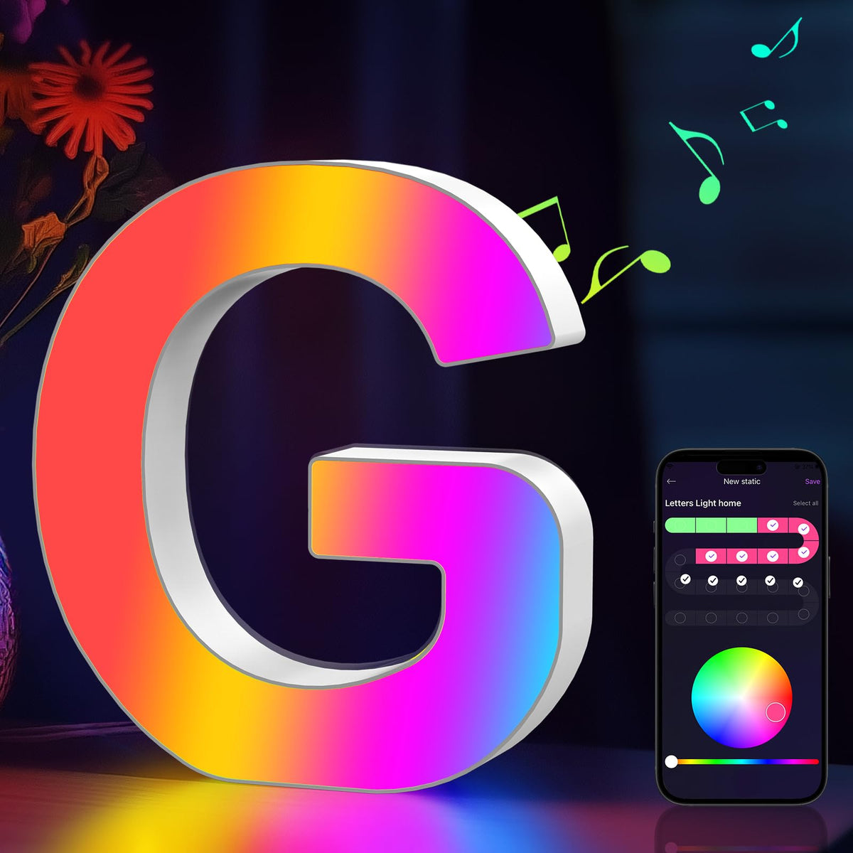 Coplsdors MRGB-G front view shows elegant LED letters for stylish room decor.
