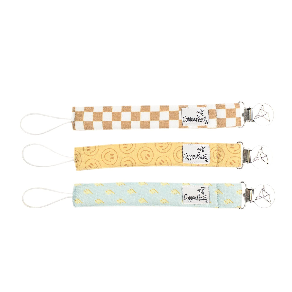 Copper Pearl 3-pack pacifier clips with stainless steel clips and secure no-drop design.