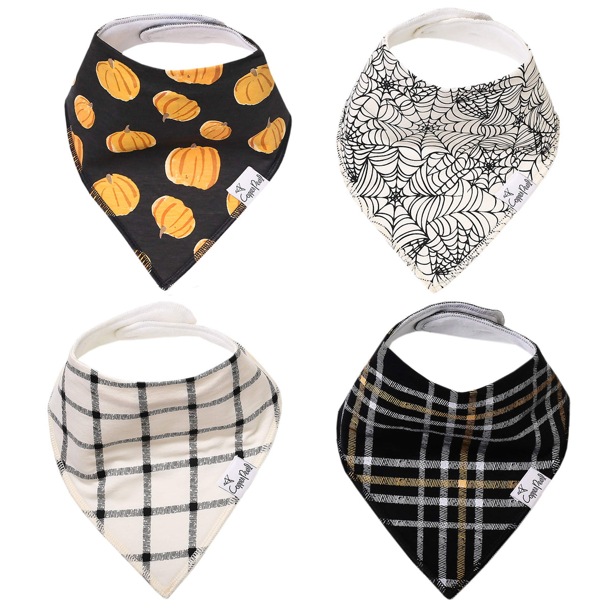 Copper Pearl 4-pack bibs display pack design for daily drool protection and style.