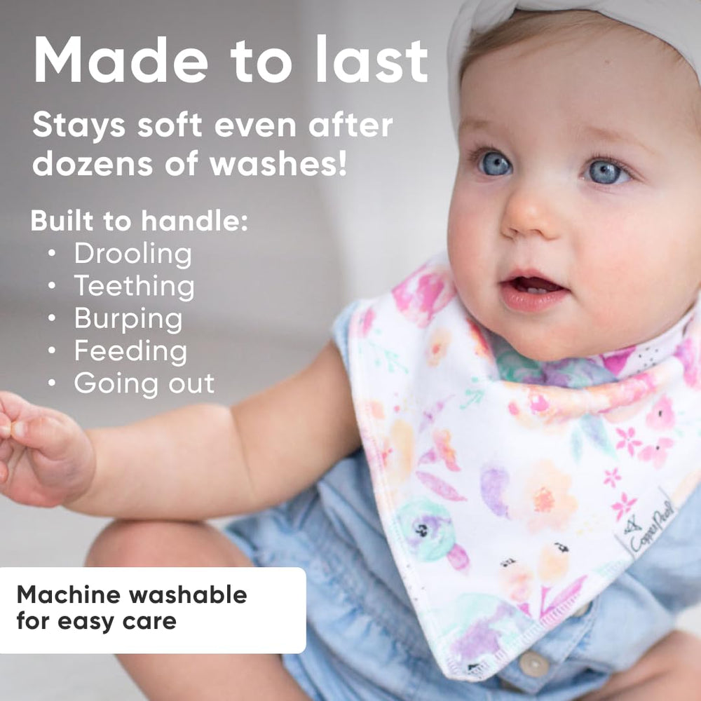Copper Pearl absorbent front-facing bib demonstrates dual-layer protection against drool and spit-up.