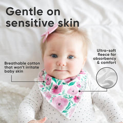 Copper Pearl adjustable snaps bib image shows fit growing from newborn to toddler.
