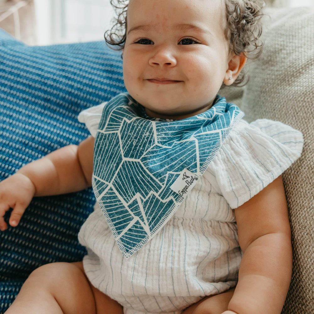 Copper Pearl Arctic Wonder Bandana Bib Set four-piece gift pack for new parents.