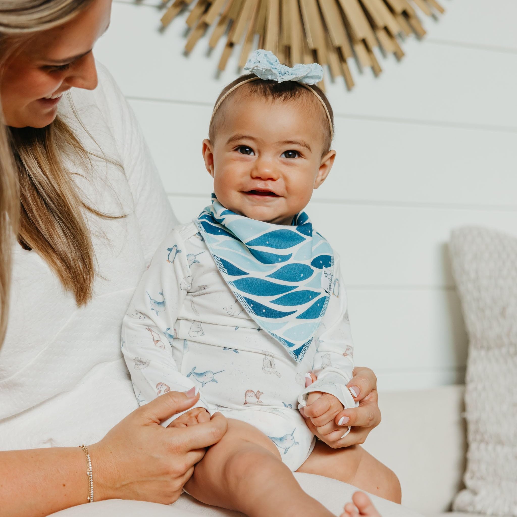 Copper Pearl Arctic Wonder Bandana Bib Set wearing baby shows versatile style with outfit.