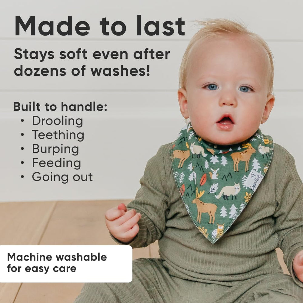 Copper Pearl Atwood bibs adjustable snaps illustrate newborn-to-toddler sizing feature