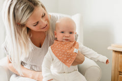 Copper Pearl Atwood bibs close-up highlights ultra-soft cotton and absorbent outer layer