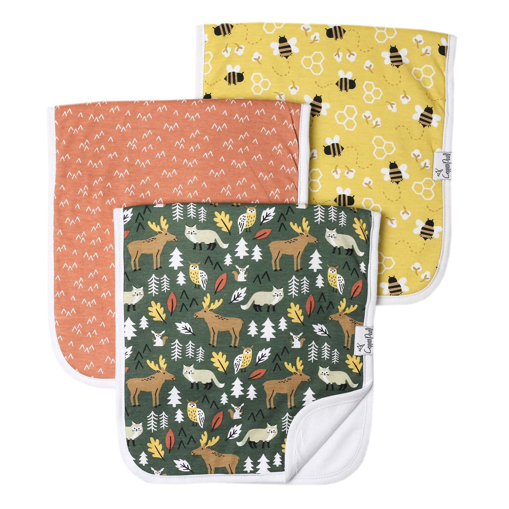 Copper Pearl Atwood 3-Pack burp cloths, front view, soft absorbent protection for spills