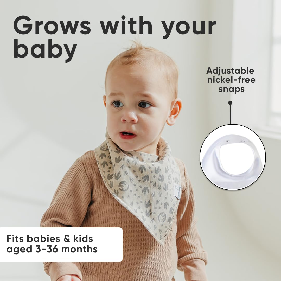 Copper Pearl Baby Bandana Bibs in action on toddler showcasing mealtime mess coverage and easy-care