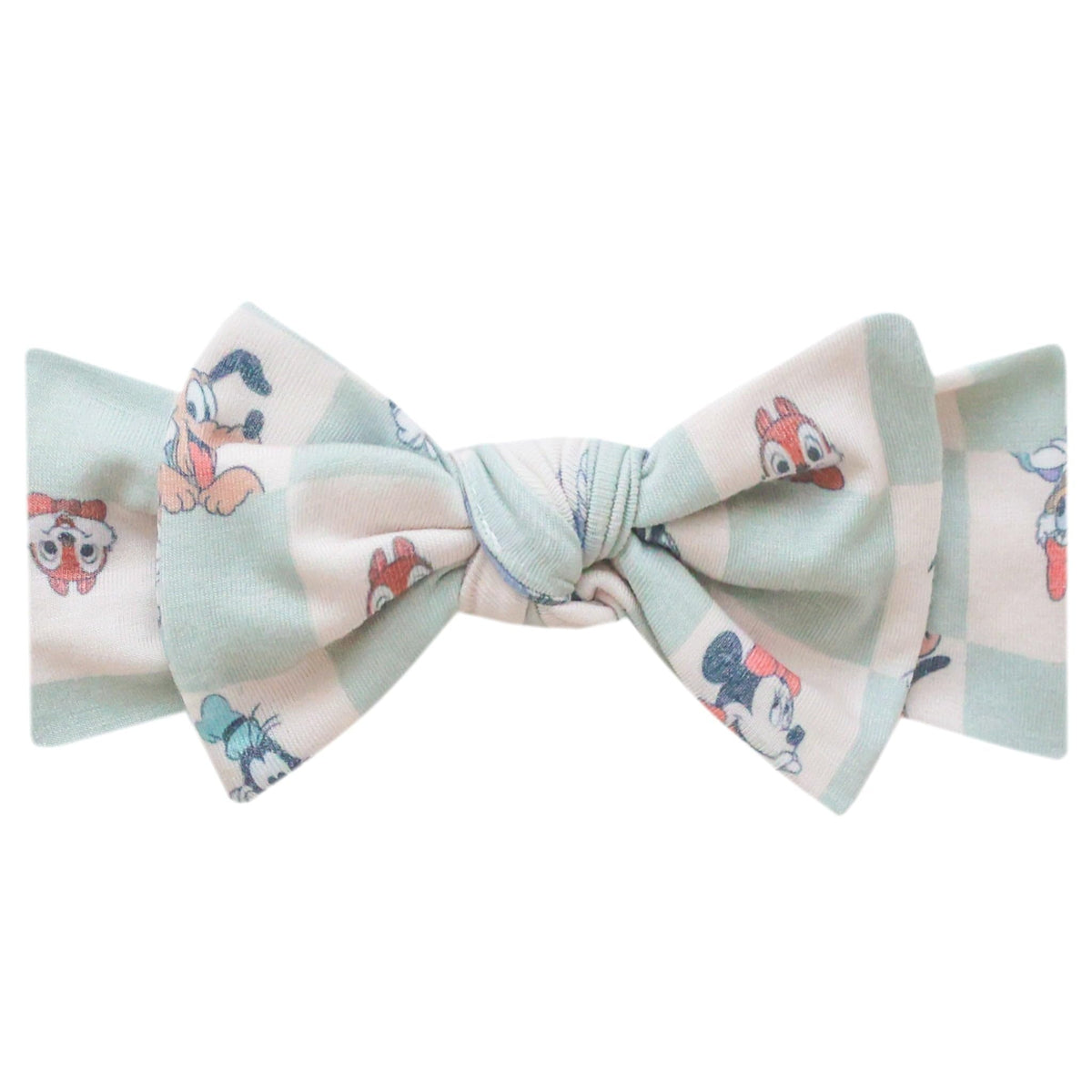 Copper Pearl baby headband with Mickey Mouse bow close-up showing gentle stretch for newborns