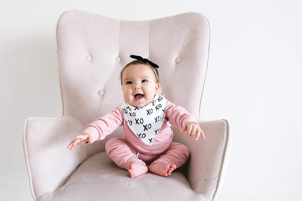 Copper Pearl bandana bib absorbent closeup highlights organic cotton feel.