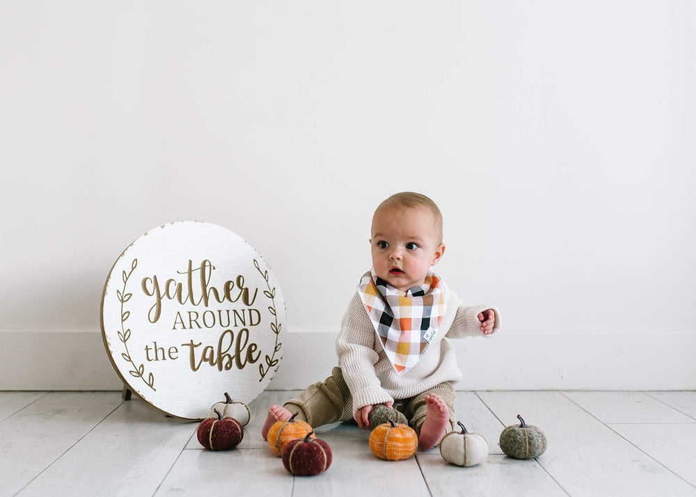 Copper Pearl bandana bib adjustable-snaps closeup demonstrates secure fit.