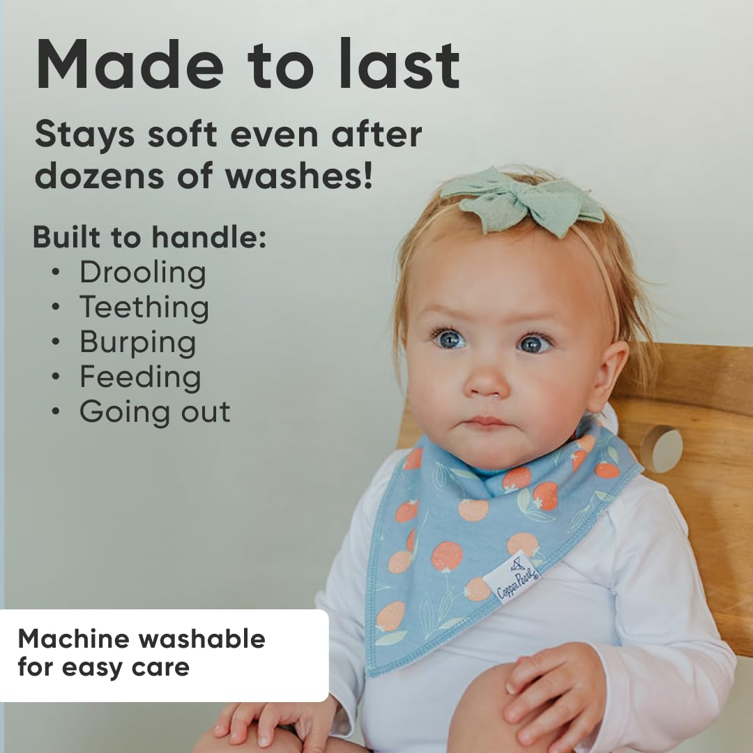 Copper Pearl bandana bib adjustable nickel-free snaps provide secure, easy sizing for 3–24 months.