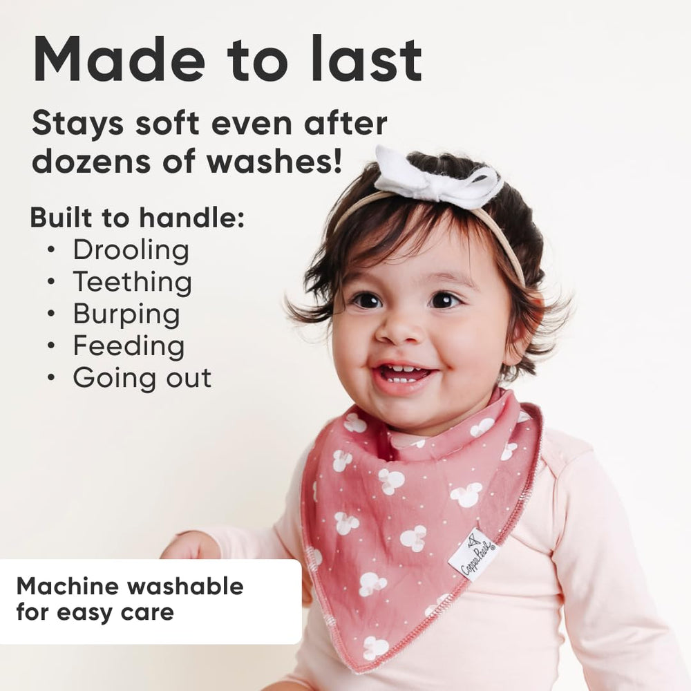 Copper Pearl bandana bib adjustable snaps demonstrate secure fit for ages 3-24 months