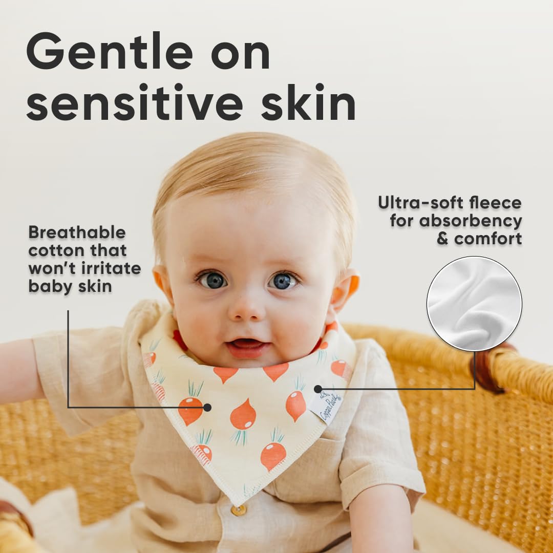 Copper Pearl bandana bib Veg pattern front shows drool-ready style and comfort.