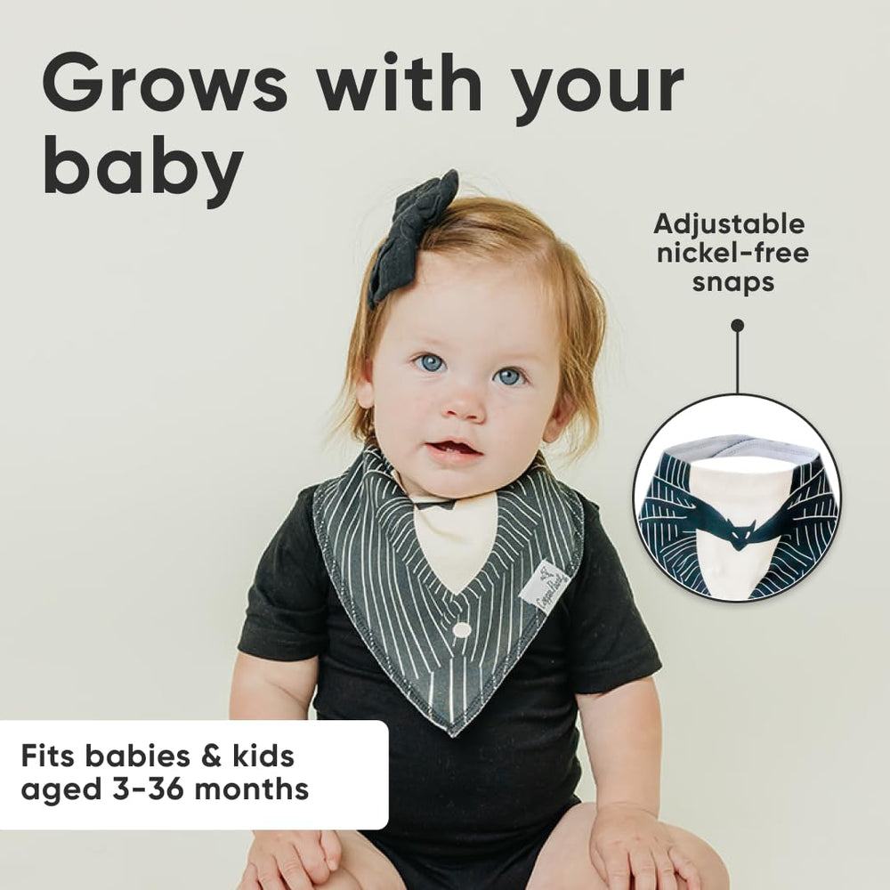 Copper Pearl Nightmare Before Christmas bib worn on baby shows trendy style and practicality.
