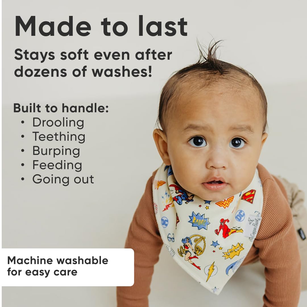 Copper Pearl bandana bibs show adjustable snaps for a secure fit from newborn to toddler.
