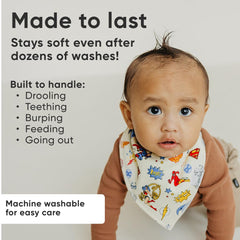 Copper Pearl bandana bibs show adjustable snaps for a secure fit from newborn to toddler.