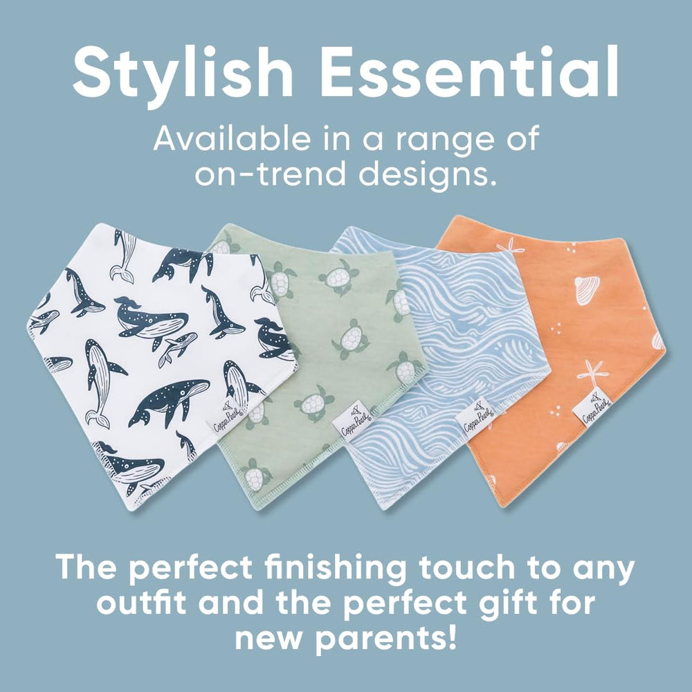 Copper Pearl bandana bibs machine-wash friendly for easy cleanup.