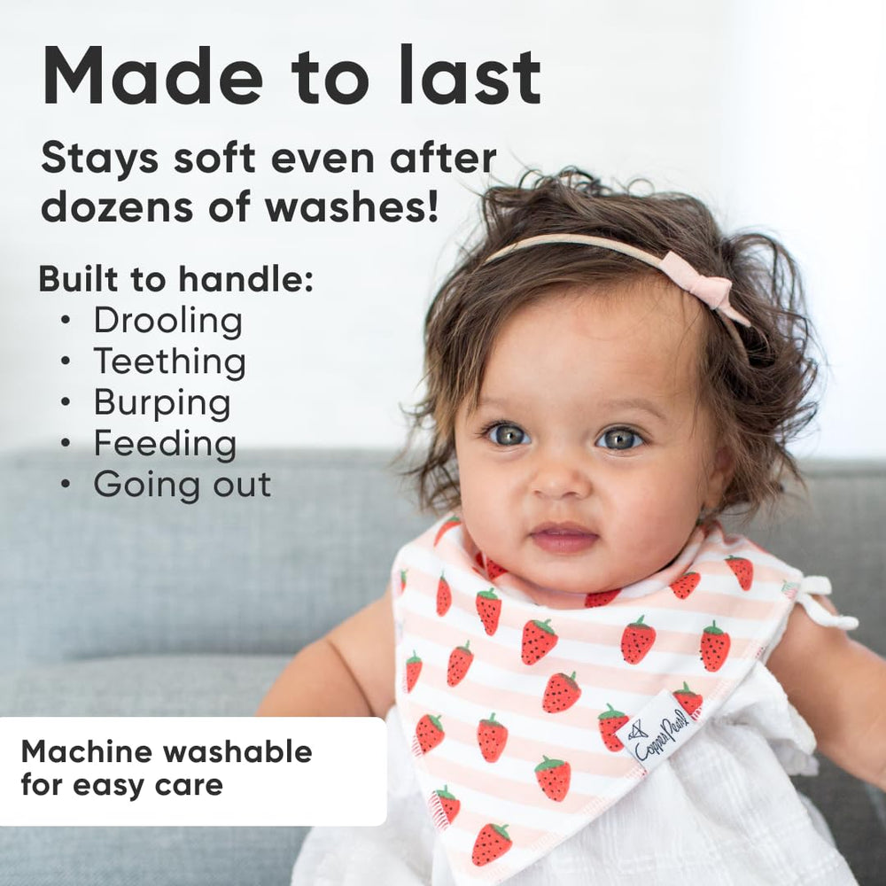 Copper Pearl bibs show absorbent front with a water-resistant backing