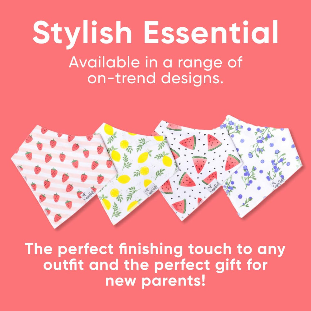 Copper Pearl Georgia print bibs emphasize machine-washable, easy-care convenience