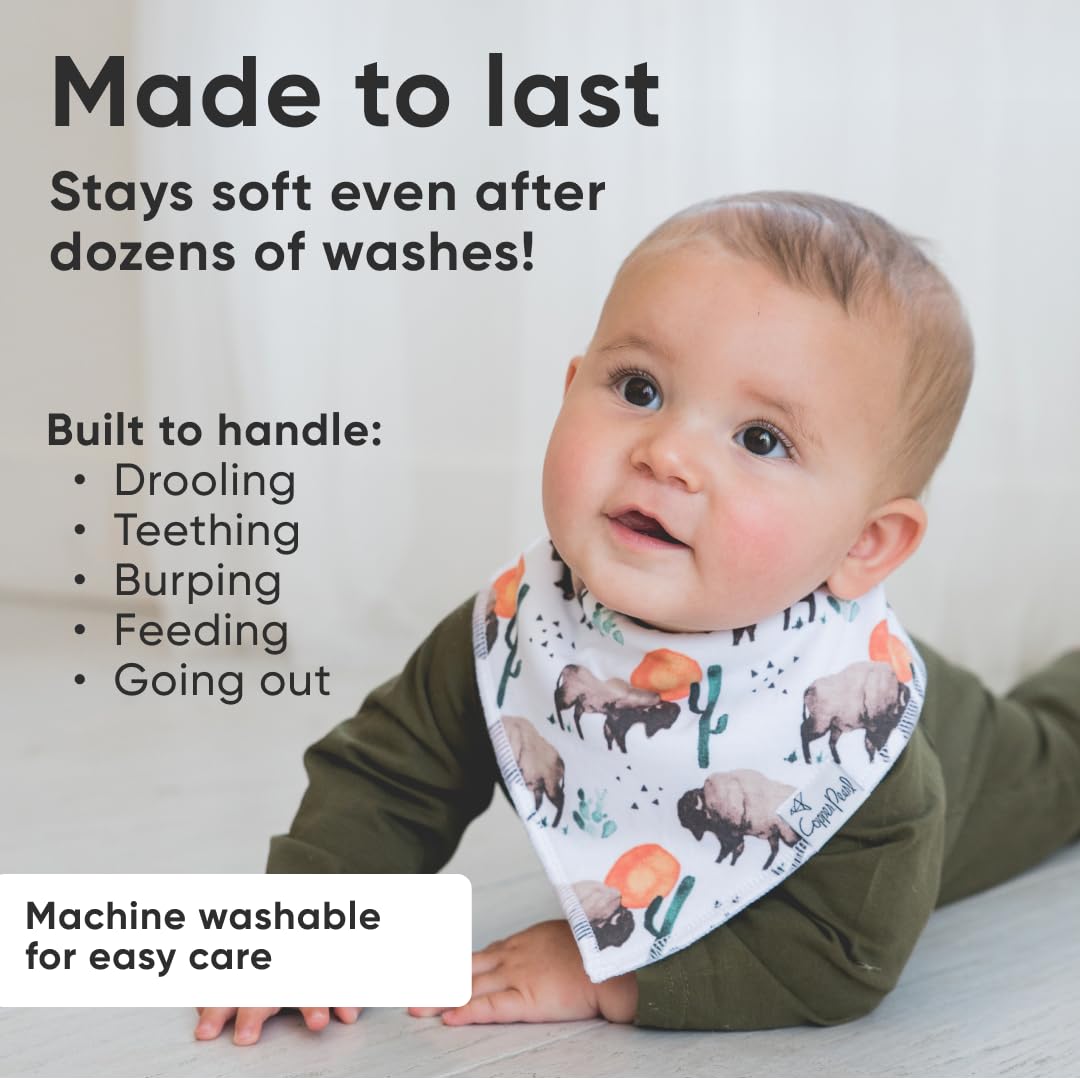 Copper Pearl Bison Bibs with adjustable snaps for newborn to toddler fit.
