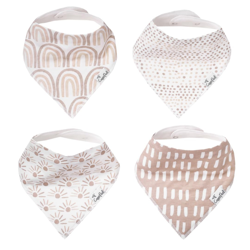 Copper Pearl Bliss bib pack front view shows stylish prints and drool protection.