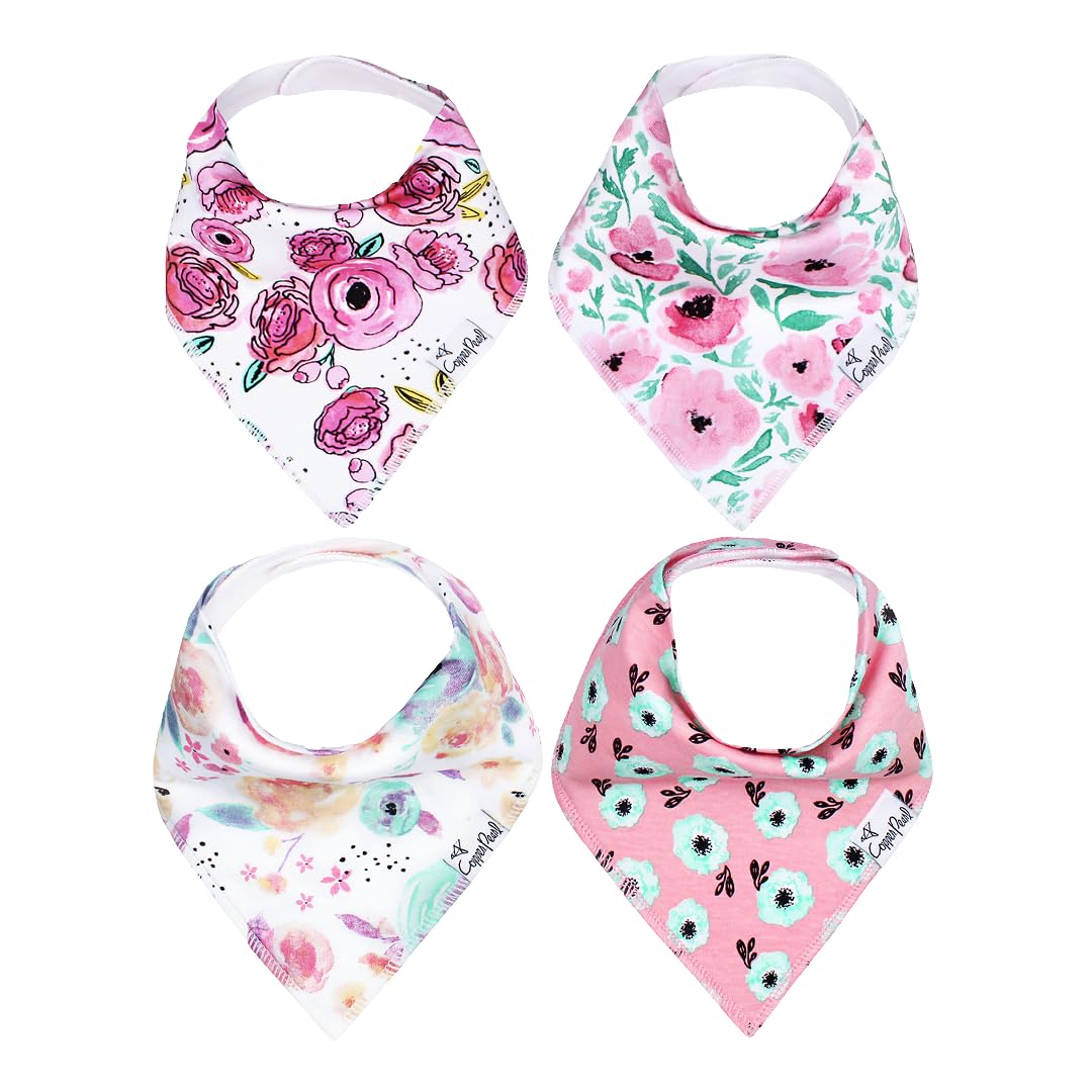 Copper Pearl Bloom 4-pack baby bibs show soft cotton and stylish prints keep outfits clean.