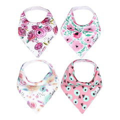 Copper Pearl Bloom 4-pack baby bibs show soft cotton and stylish prints keep outfits clean.
