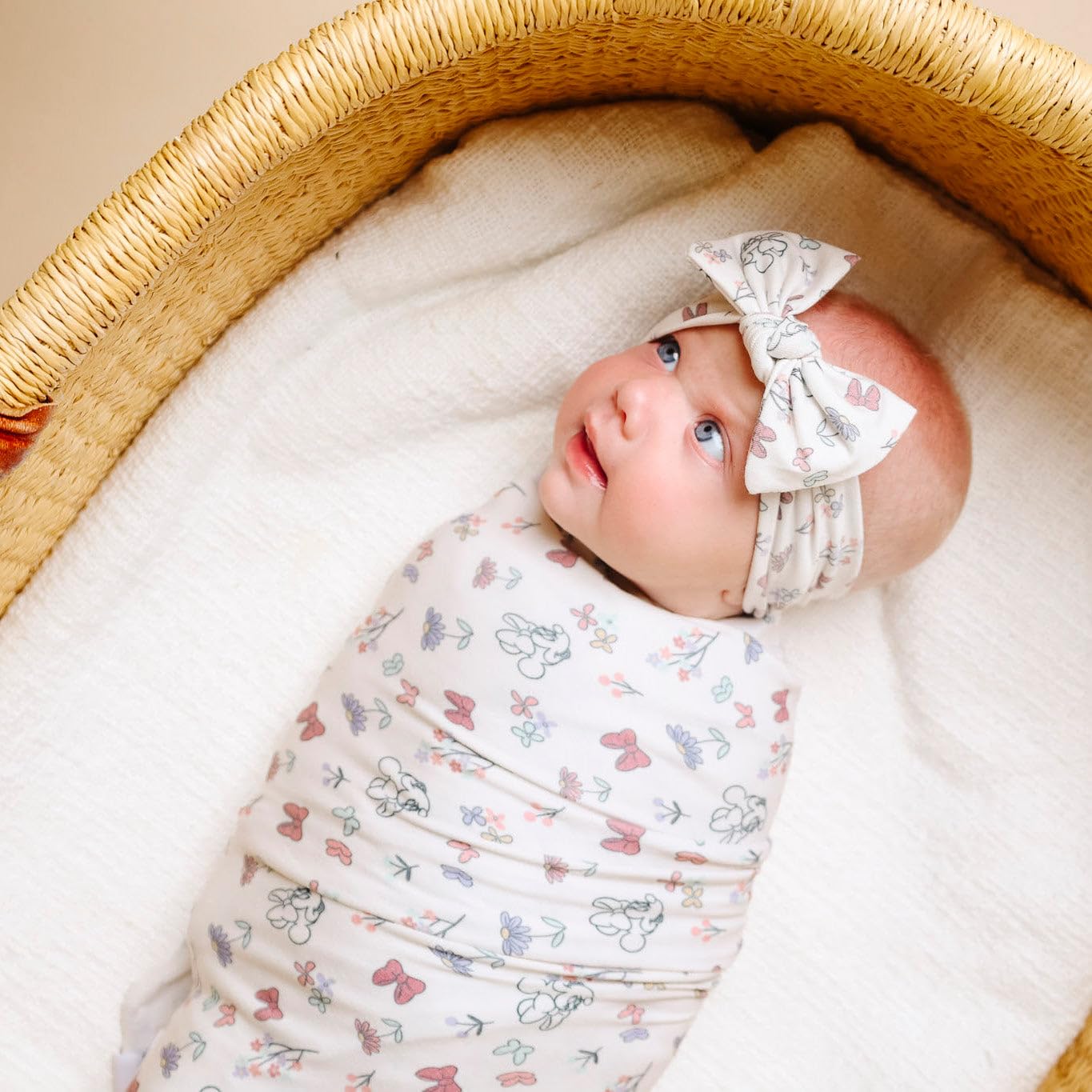 Copper Pearl Minnie Mouse Bowquet headband gentle stretch helps baby grow with comfort.