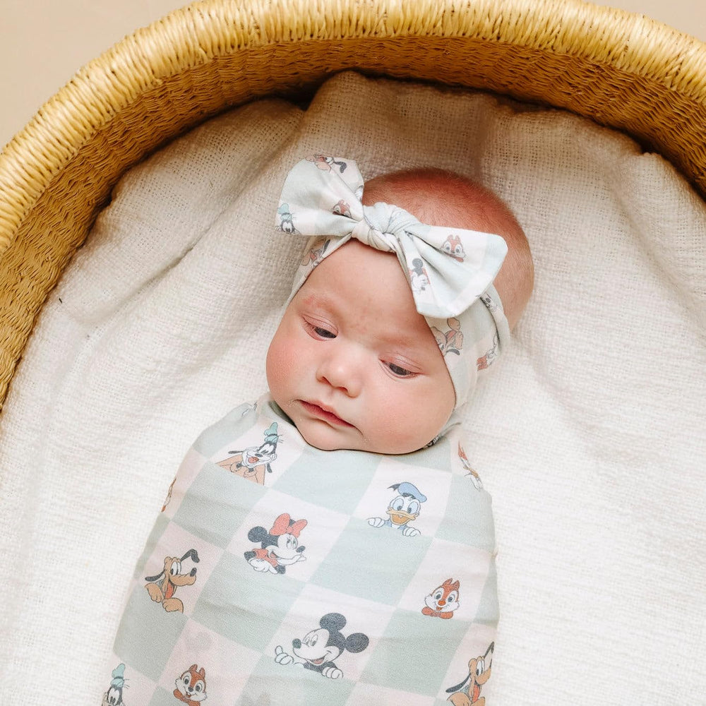 Copper Pearl bow headband trendy print shown in nursery coordination