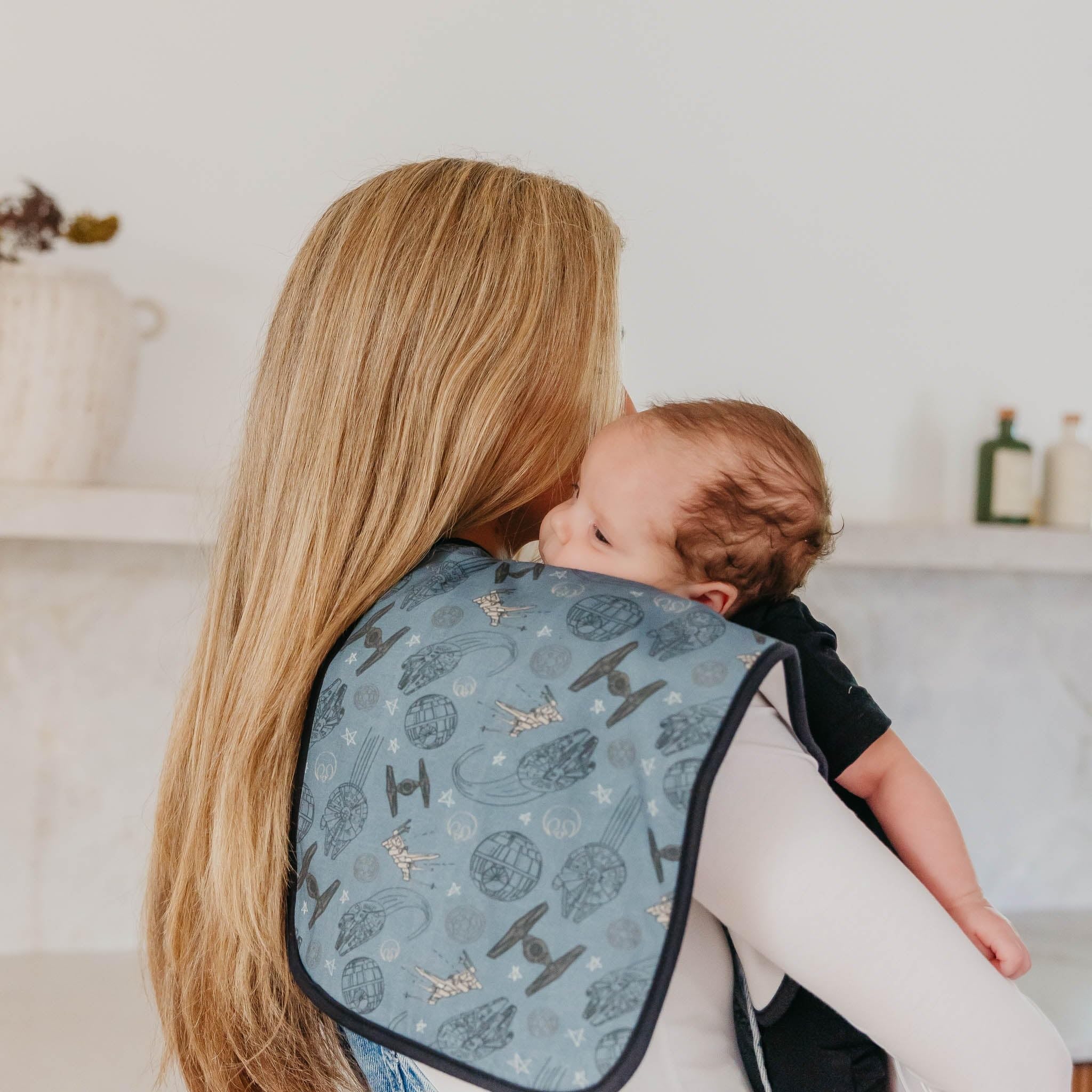 Copper Pearl burp cloth features 100% cotton front and back for soft skin contact.