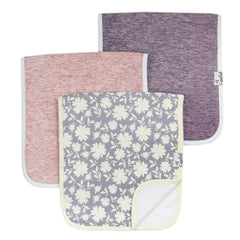 Copper Pearl burp cloth 3-pack shown, coordinated prints for quick outfit changes