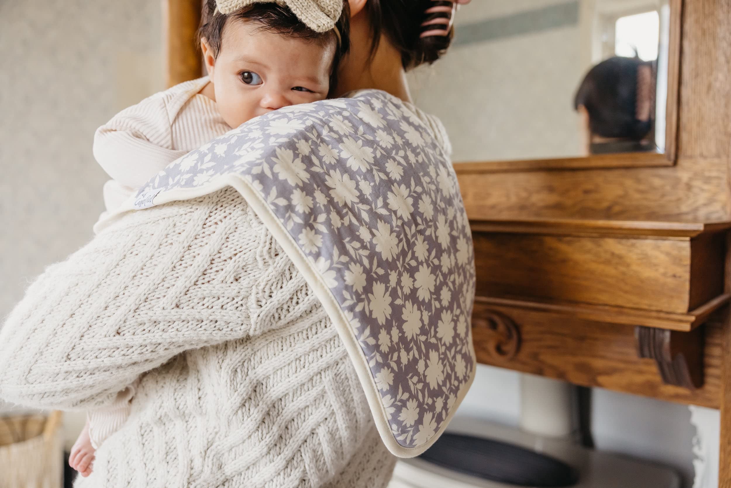 Copper Pearl burp cloth doubles as baby towel or wash cloth