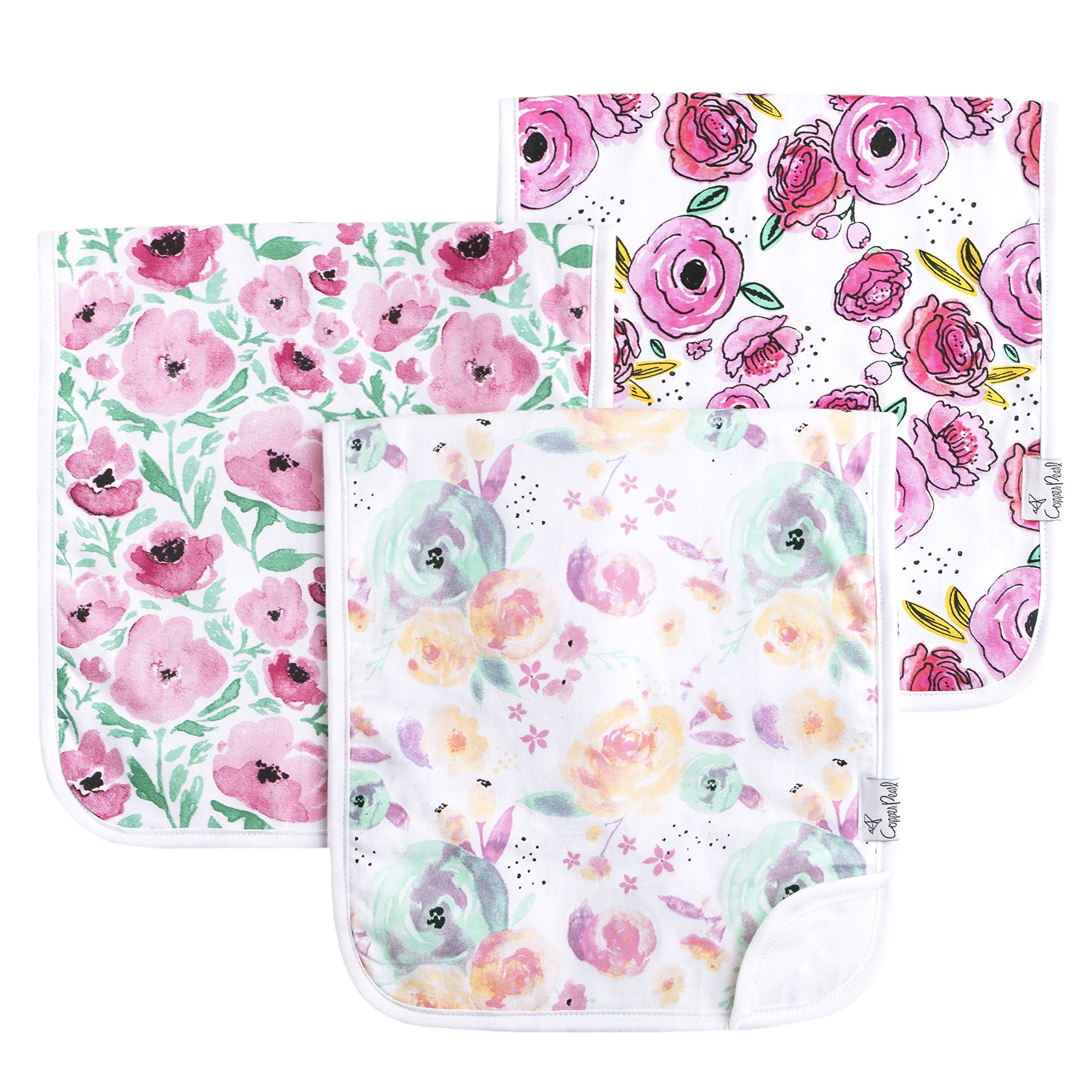 Copper Pearl Bloom Set burp cloth pattern front shows three-layer absorbent fabric