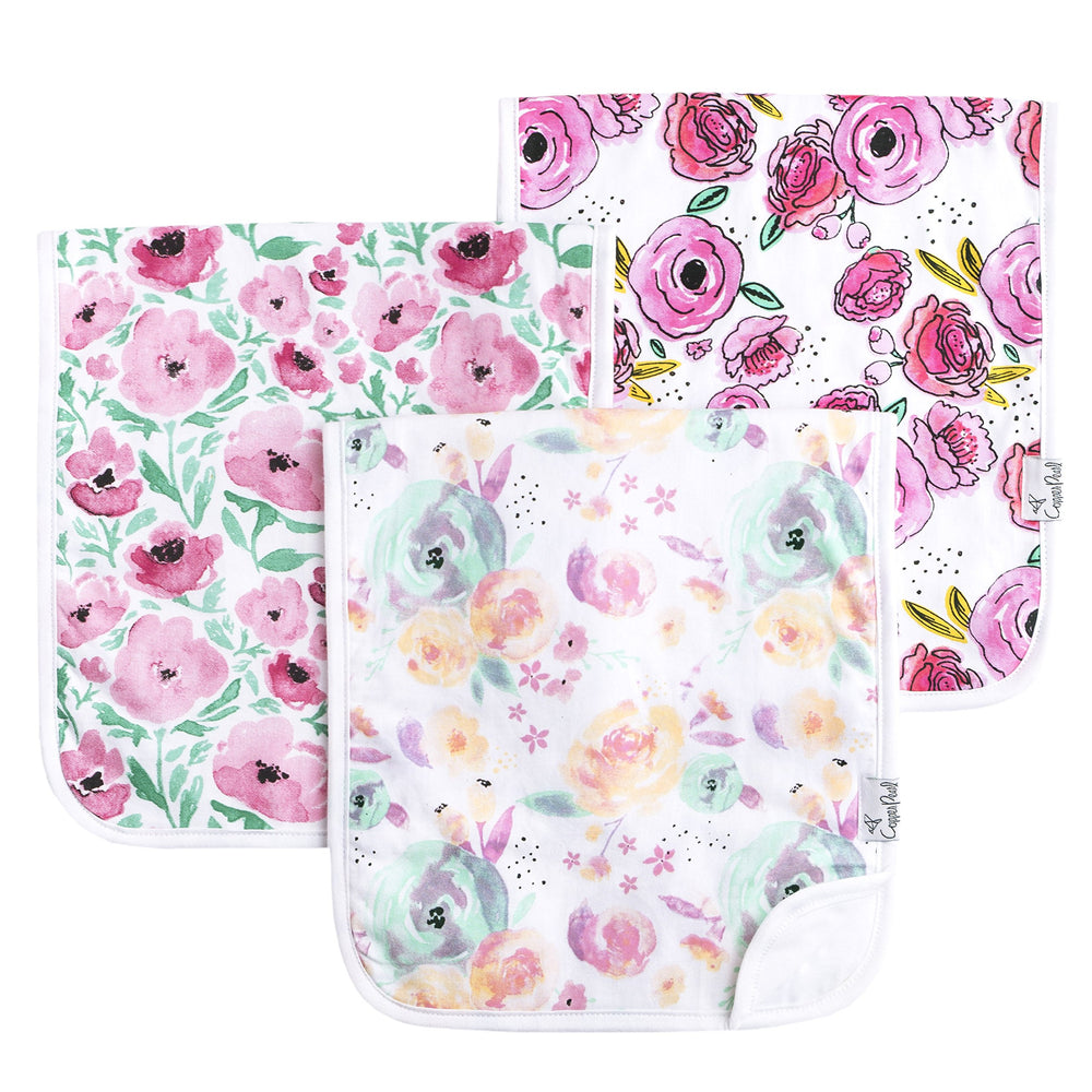 Copper Pearl Bloom Set burp cloth pattern front shows three-layer absorbent fabric