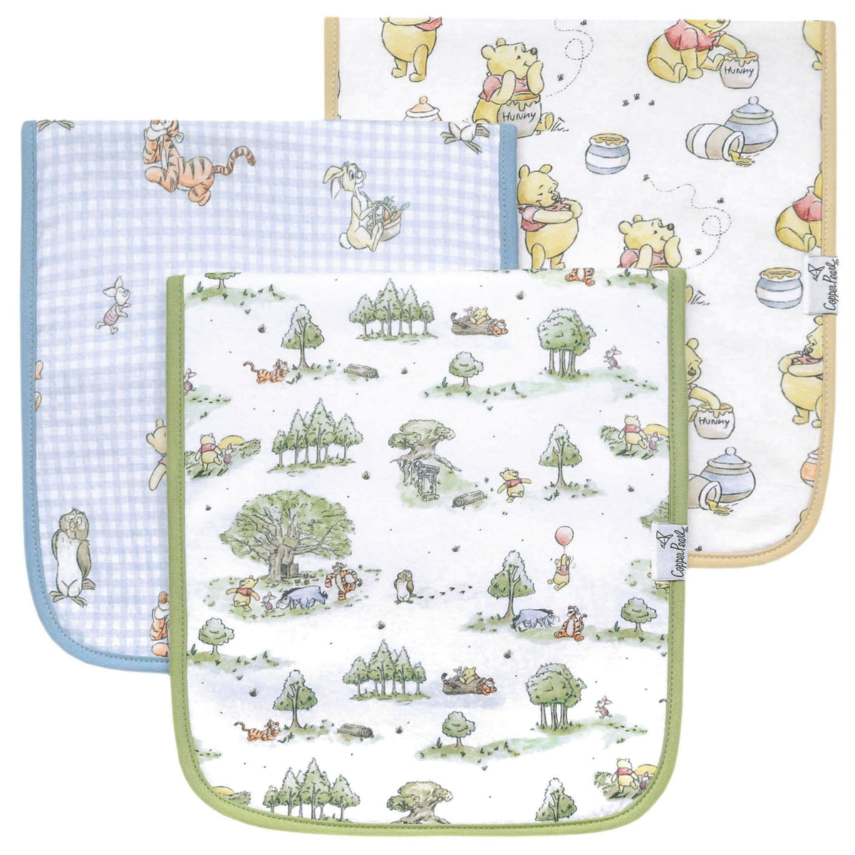 Copper Pearl Hundred Acre Wood burp cloth pattern for stylish comfort during burping