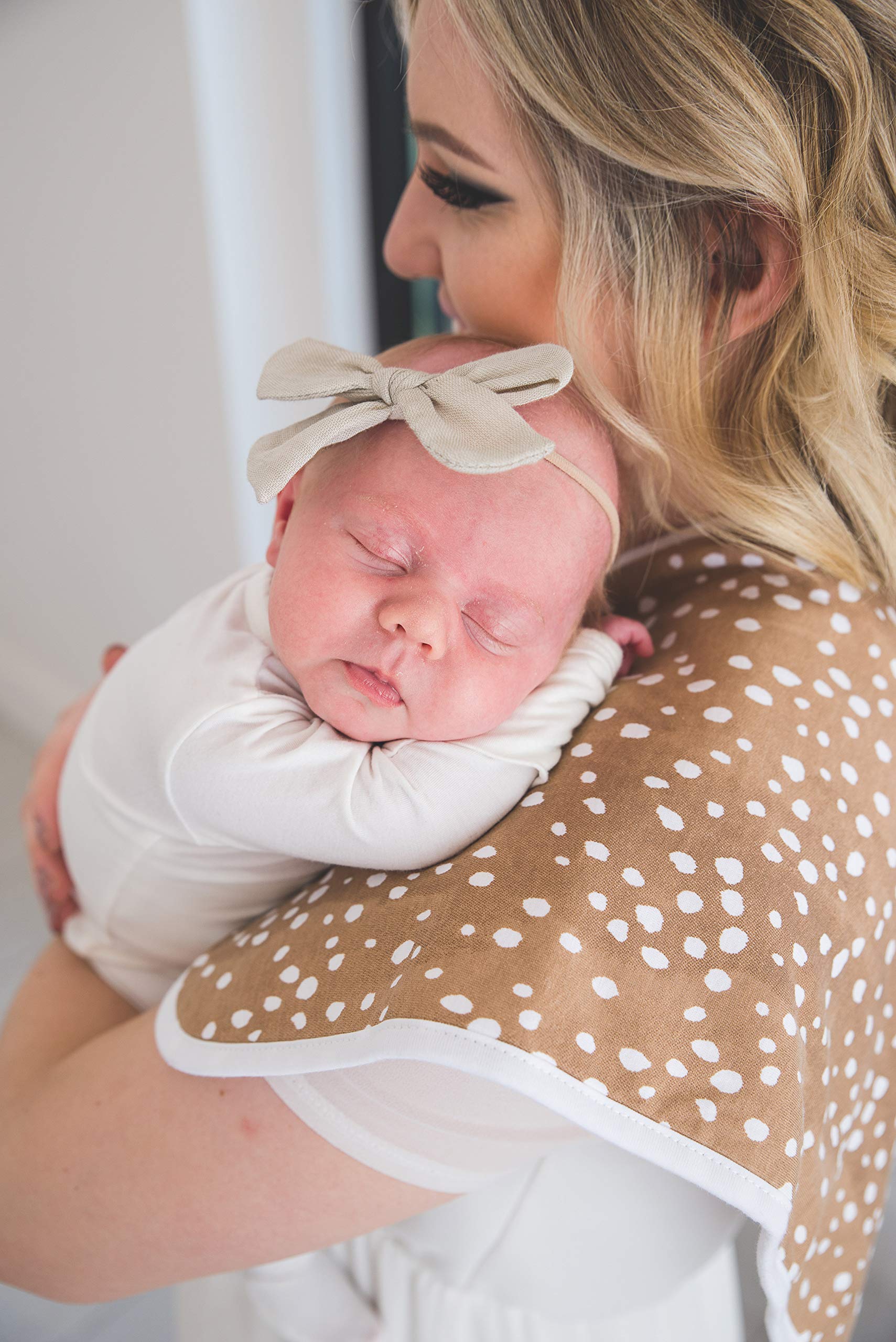 Copper Pearl burp cloth size 21x10 demonstrates generous shoulder coverage for parents