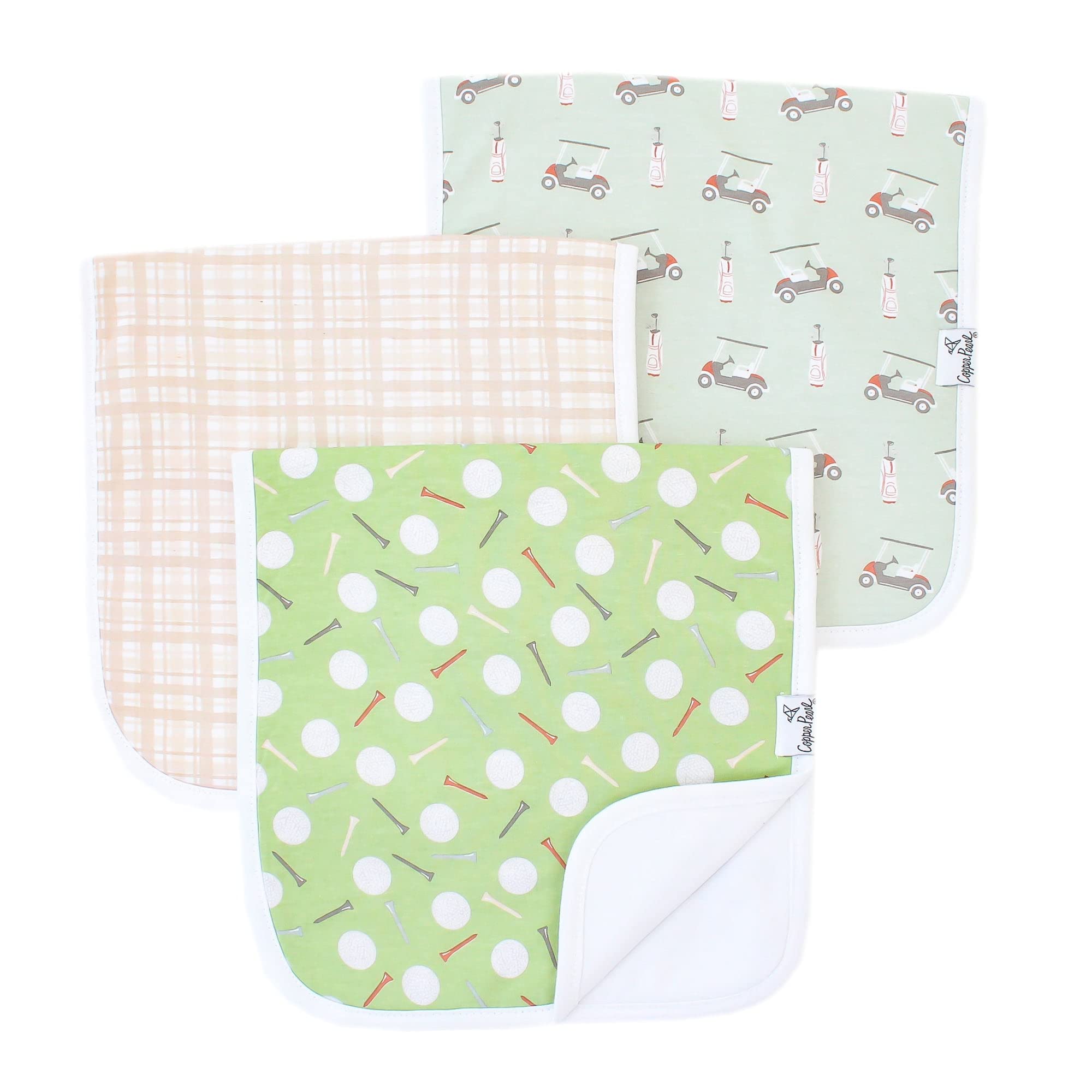Copper Pearl burp cloths 3-pack close-up shows three absorbent layers for spill control.