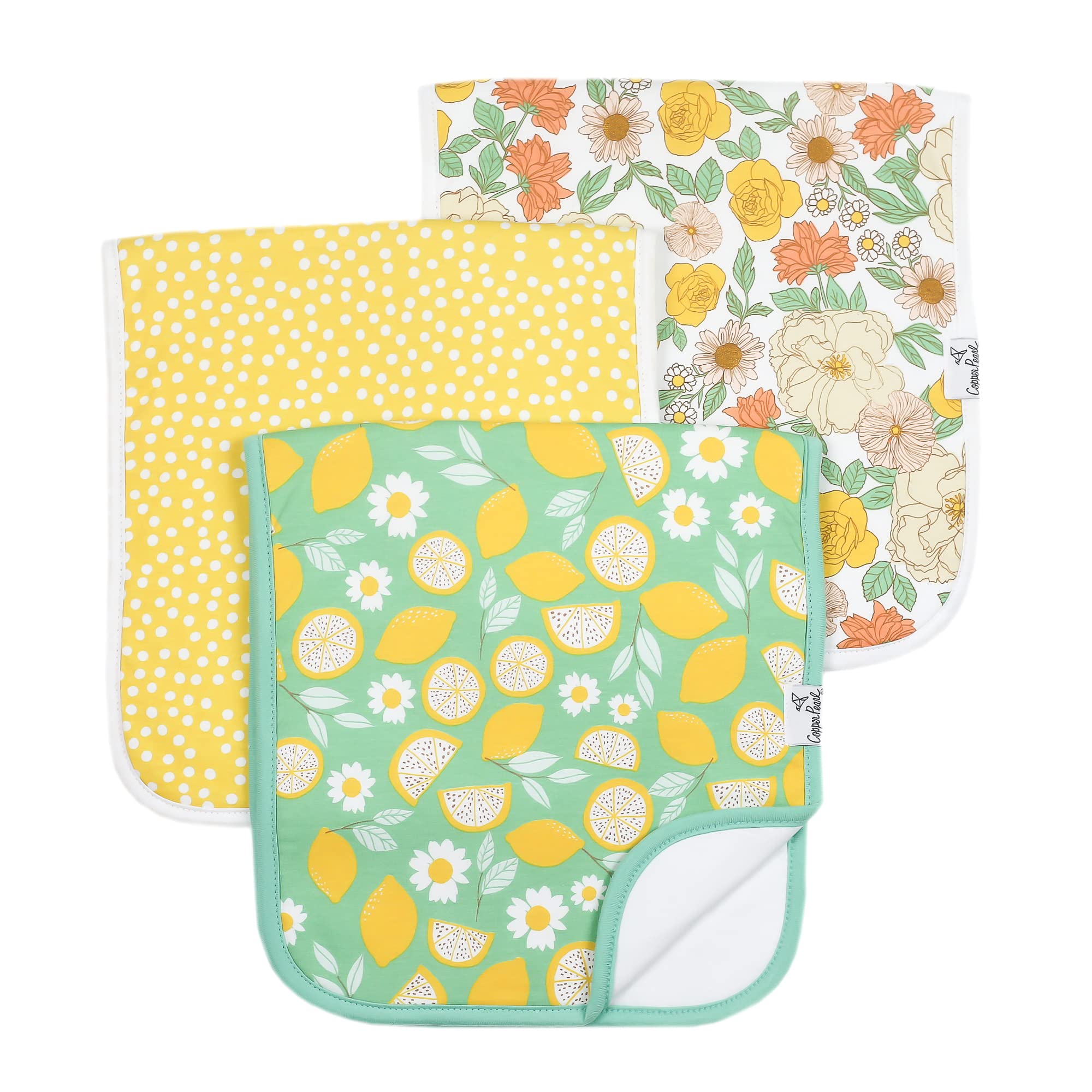 Copper Pearl burp cloths Lemon Set packaged for gifting and everyday baby care